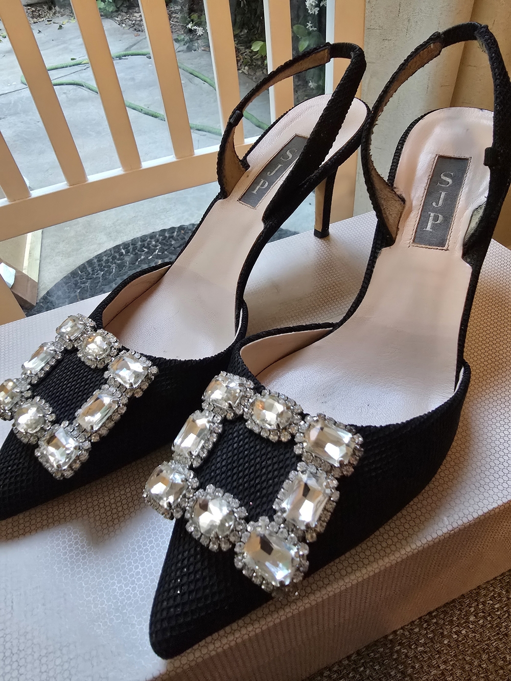 SJP by Sarah Jessica Parker Black Jeweled Pointed Slingback Heels